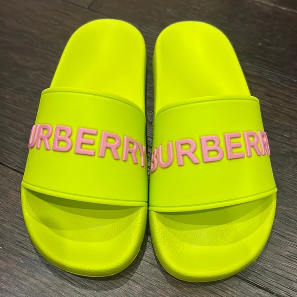 Burberry Furley Logo Lime Green and Pink Slides - Picture 1 of 5